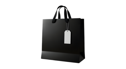 A plain black shopping bag with a white tag hanging from the handle, isolated on transparent background