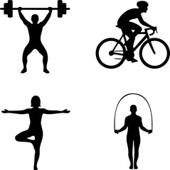A collection of black silhouette icons representing various fitness activities like weightlifting, cycling, yoga, and jump rope for a healthy lifestyle concept