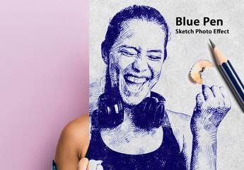 Blue Pen Sketch Photo Effect Mockup