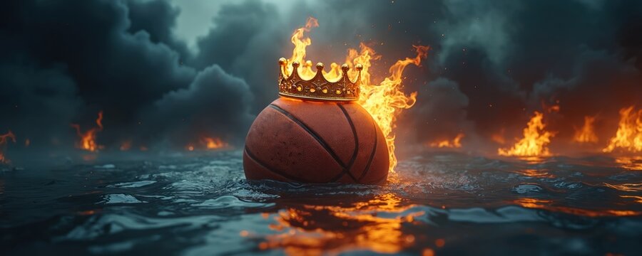 Basketball with golden crown lies on water surrounded by fire flames and smoke. Success in sport. Champion team wins a basketball game. Basketball sport competition award ceremony wallpaper. - Powered by Adobe