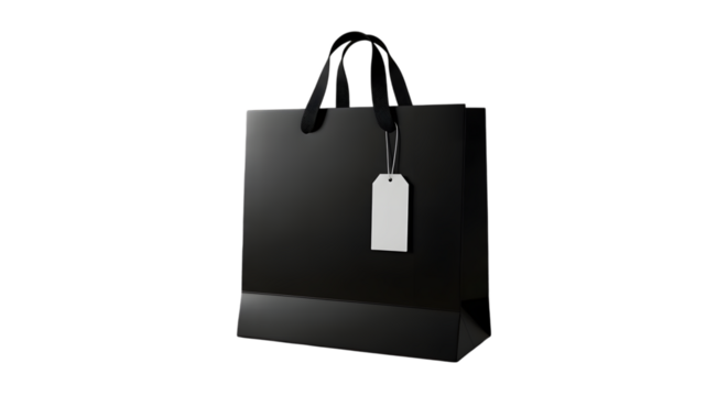 A plain black shopping bag with a white tag hanging from the handle, isolated on transparent background