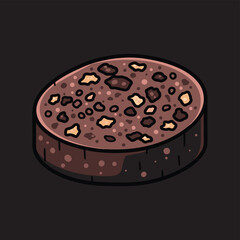 Illustrative single slice of black pudding with oats on a dark background.