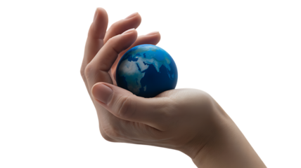 A hand holding a small blue globe on a transparent background