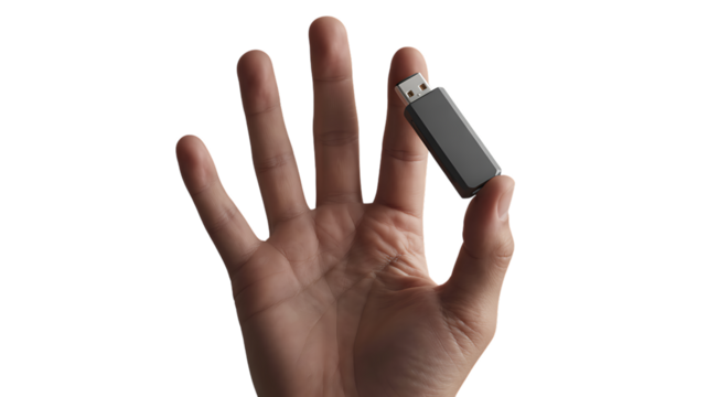 A hand holding a gray usb drive on a transparent background
