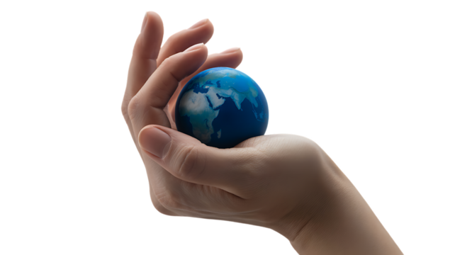 A hand holding a small blue globe on a transparent background - Powered by Adobe