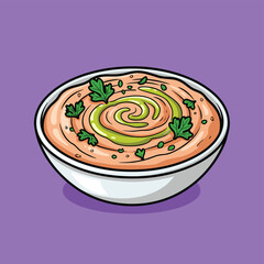 A cartoon illustration of a bowl of creamy dip or soup, garnished with green oil swirl and fresh herbs on a purple background.
