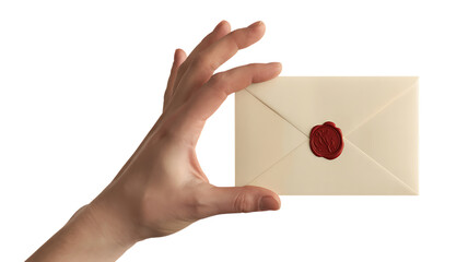 Fototapeta premium A hand holding a sealed cream envelope on a transparent background