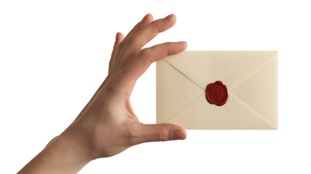 A hand holding a sealed cream envelope on a transparent background