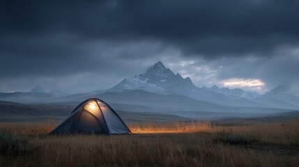 Glowing camping tent on grassy plain at dusk with dramatic mountain range and twilight sky outdoor adventure travel background landscape