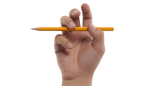 A hand holding a yellow pencil against on a transparent background