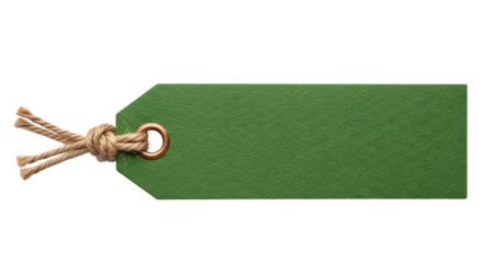 A green textured gift tag with a rustic twine string, isolated on a transparent background