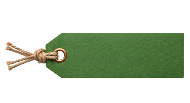 A green textured gift tag with a rustic twine string, isolated on a transparent background