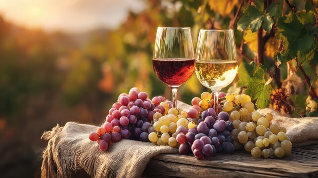 vineyard. Glasses of red and white wine with ripe grapes on a wooden table in a rustic vineyard setting. bar promotions, beverage menus, designed for food & beverage menus and cafe branding.