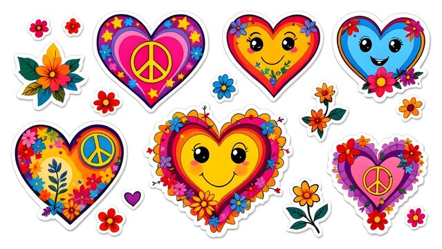 Retro heart and flower stickers, isolated on transparent background