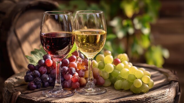 vineyard. Glasses of red and white wine with ripe grapes on a wooden table in a rustic vineyard setting. bar promotions, beverage menus, designed for food & beverage menus and cafe branding.