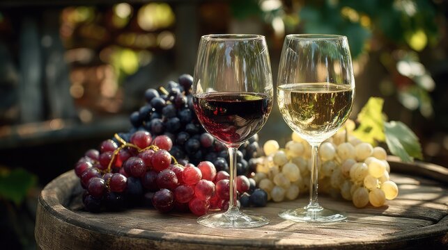 vineyard. Glasses of red and white wine with ripe grapes on a wooden table in a rustic vineyard setting. bar promotions, beverage menus, designed for food & beverage menus and cafe branding.