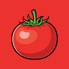 A vibrant red cartoon tomato with a green stem and leaves on a matching red background.