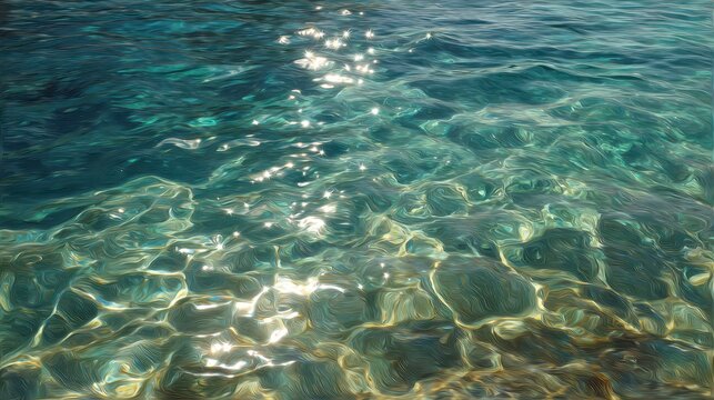 Sparkling sunlight dances on the clear turquoise waters of a serene tropical beach under a bright blue sky - Powered by Adobe
