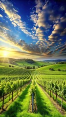 Naklejka premium Lush vineyard landscape with vibrant green grass and a bright blue sky
