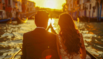 Fototapeta premium Romantic Back View of Couple in Gondola at Golden Hour Sunset, Dramatic Light Over Venetian Canal and Architecture