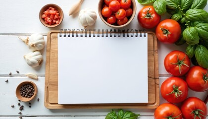 Fresh tomatoes garlic and basil leaves arranged on a wooden board with blank notepad for writing recipes and cooking notes. Ingredients are ready for meal preparation.