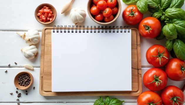 Fresh tomatoes garlic and basil leaves arranged on a wooden board with blank notepad for writing recipes and cooking notes. Ingredients are ready for meal preparation. - Powered by Adobe
