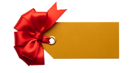 A bright red satin ribbon bow tied to a blank golden gift tag, isolated on transparent background