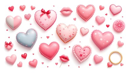 Valentine's Day Hearts and Lips 3d rendered, isolated on transparent background