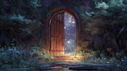 Magical doorway leading to a starry night in an enchanted forest filled with lush plants and soft lighting