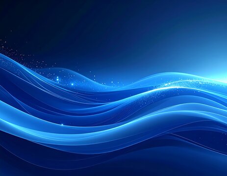 Flowing blue abstract waves with light and sparkle effects on dark blue