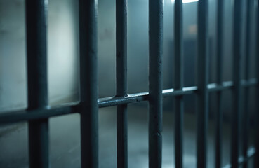 Close view of dark prison cell bars, symbolizing confinement and legal justice system. Represents crime, punishment, and imprisonment. Backdrop for news stories about law.