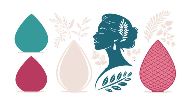 Elegant beauty illustration with a woman's profile, floral elements, and makeup sponges in a modern, minimalist style perfect for cosmetic branding