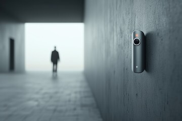 Fototapeta premium Modern security camera mounted on a textured wall, with a blurred figure in the background, creating a sense of surveillance and safety in a contemporary environment
