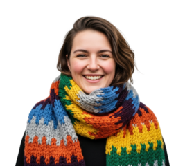 Joyful woman smiling in colorful knit scarf portrait isolated on transparent background
