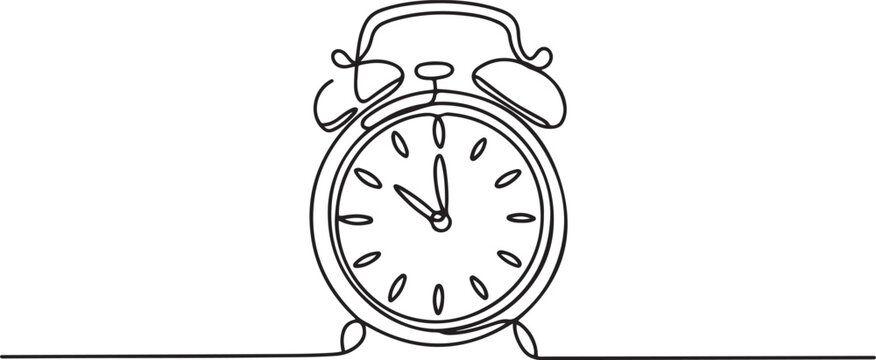 Continuous one line drawing of vintage alarm clock vector design, Clock drawn symbol. One line art continuous icon. one line Icon drawing with white background