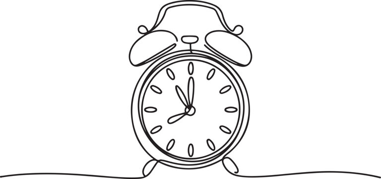 Continuous one line drawing of vintage alarm clock vector design, Clock drawn symbol. One line art continuous icon. one line Icon drawing with white background