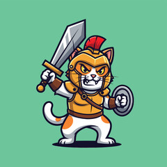 A cartoon cat warrior in golden armor and helmet, holding a sword and shield, ready for battle on a green background.