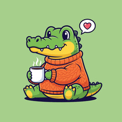 A cute cartoon alligator wearing an orange sweater, holding a steaming mug with a heart thought bubble, on a green background.