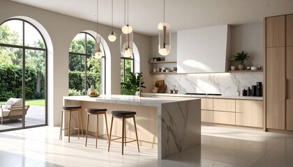 Modern Minimalist Kitchen Interior Design with Marble Island and Wooden Cabinetry