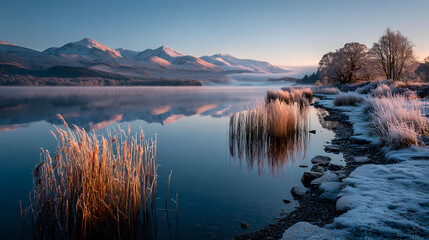 4K TV Art Scenic Winter Scotland Deer and Misty Highland Lake