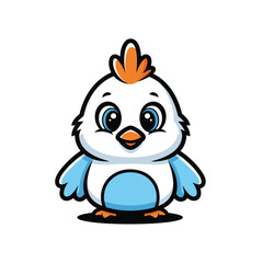 A cute cartoon baby bird with blue wings and an orange tuft on its head, looking friendly.