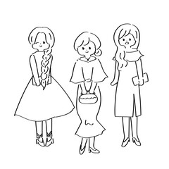 パーティー仕様のかわいい女性グループのイラスト　線画　手書き　doodle
