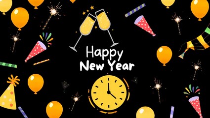 Festive new year celebration with champagne and clock