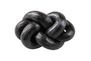 Glossy dark rope tied in a complex knot on black backdrop