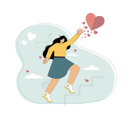 Vector illustration. Love concept. In search of love. A woman runs up the stairs, trying to catch a heart..eps