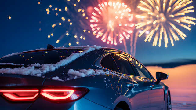 Luxury car sparkling under fireworks on New Year's Eve, winter celebration travel vibe