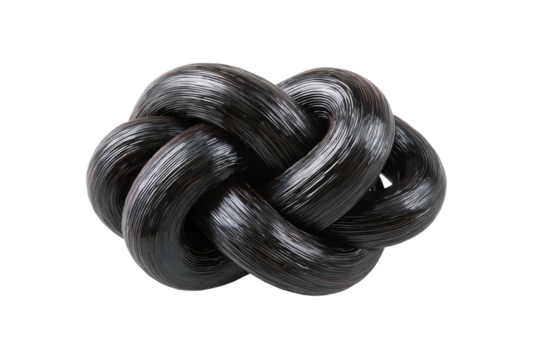 Glossy dark rope tied in a complex knot on black backdrop