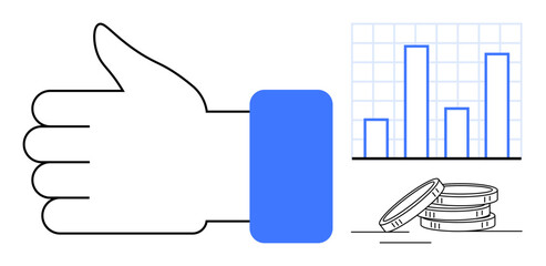 Hand with a thumbs-up alongside a bar chart and stacked coins emphasizing approval, success, and positive financial outcomes. Ideal for business, analytics, finance, investment, economy, growth