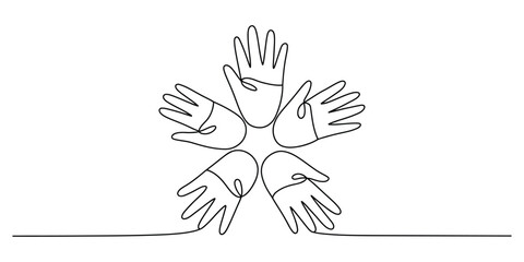 Continuous line art of five hands symbolizing unity and connection
