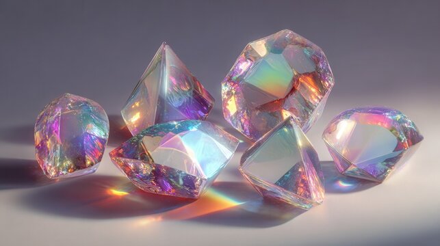 Colorful sparkling crystals reflecting light on a smooth surface in a bright setting showcasing their unique shapes and facets